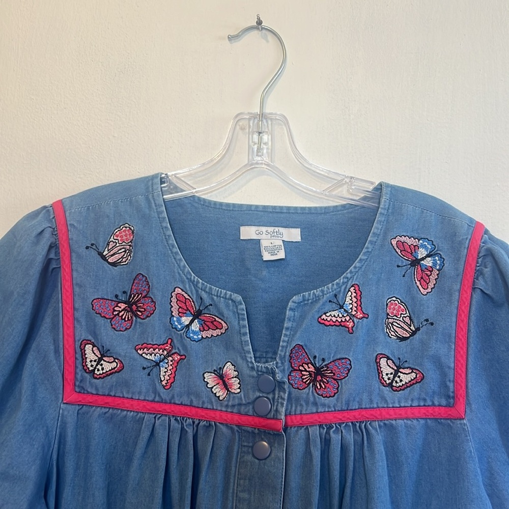 VINTAGE GO SOFTLY PATIO House dress butterfly embroidery size Large